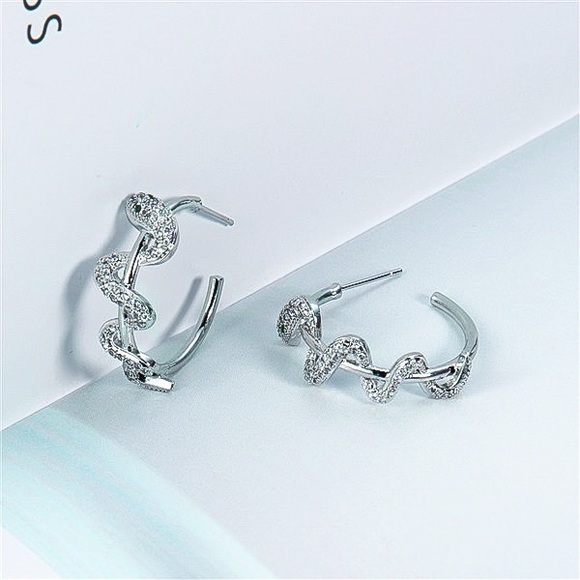 Any 4/$25! Silver Pave Crystal Snake Hoop Earrings - Picture 2 of 6